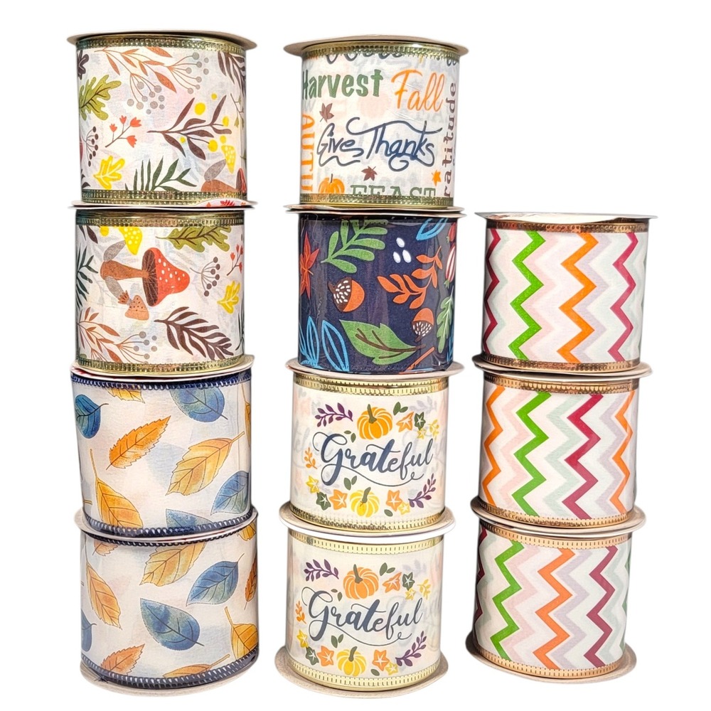 Fall Wired Edge Ribbon Lot of 11 33 Yds Autumn Harvest Thanksgiving Wreath Craft